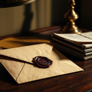 Wax-sealed envelope on a wooden desk beside a stack of papers and a brass lamp