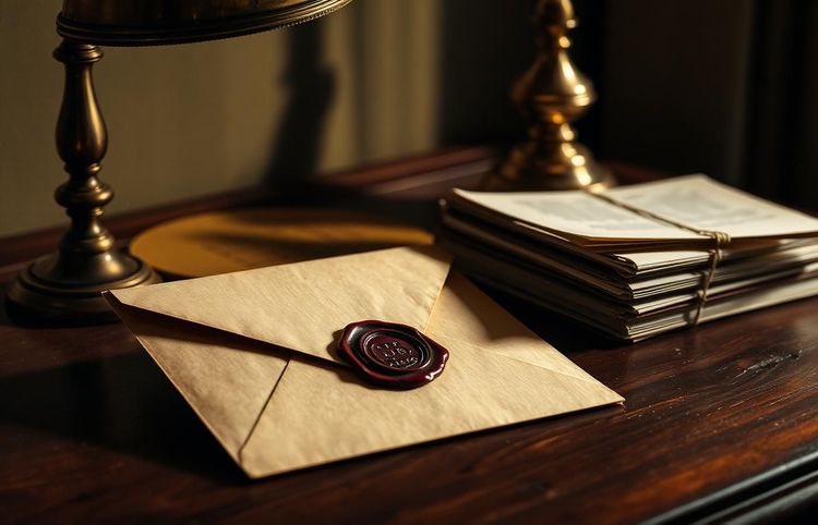 Closed envelope with red wax seal beside a stack of letters on a wooden desk