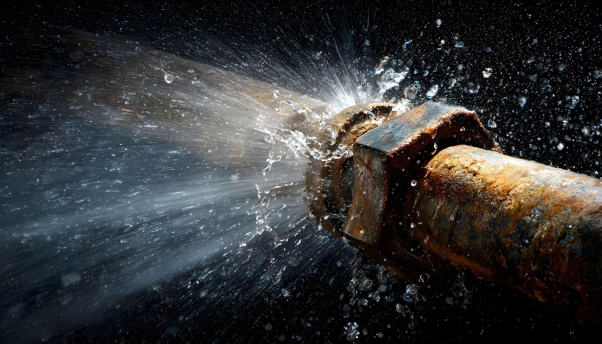 Water spraying from a heavily corroded and rusty burst pipe against a dark background with droplets