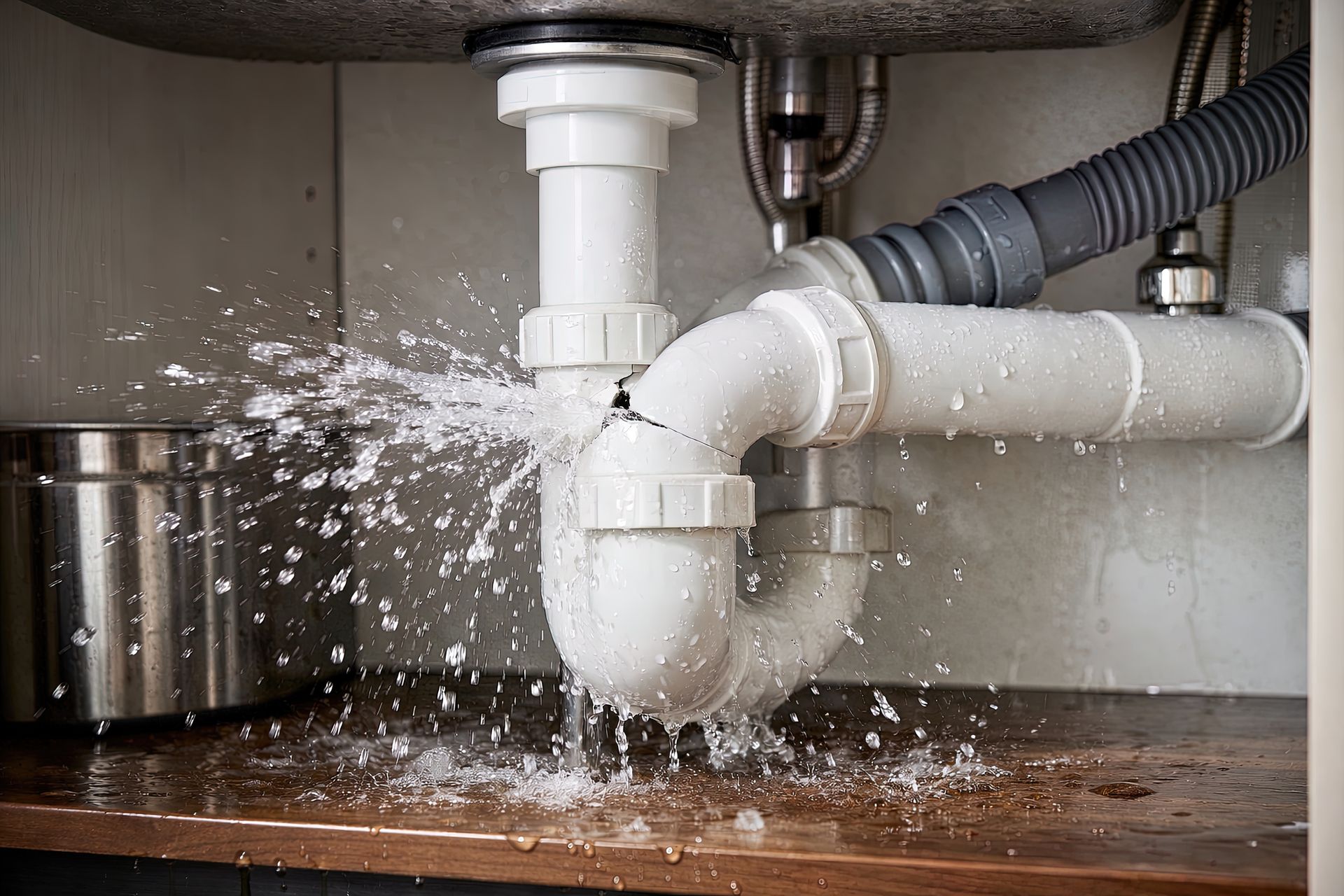 Water spraying from a cracked white PVC pipe joint beneath a kitchen sink onto a wooden cabinet base