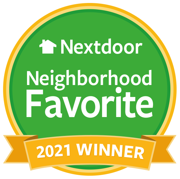 Nextdoor Neighborhood Favorite 2021 Winner badge. Green circle with white text on gold banner.