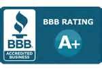 BBB logo, blue background with an A+ rating.
