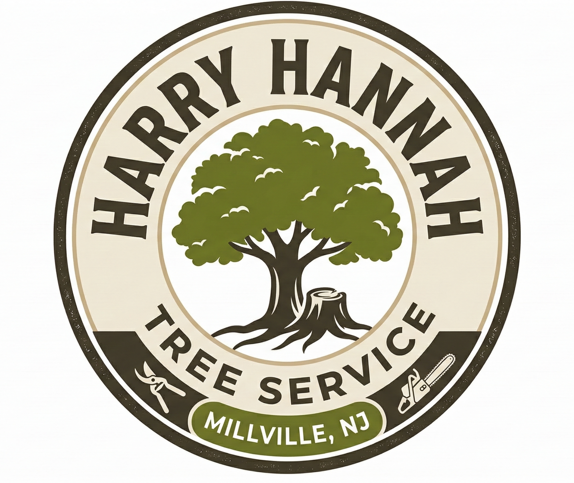 Circular logo for Harry Hannah Tree Service in Millville, NJ, featuring a tree and stump in green on a cream background.