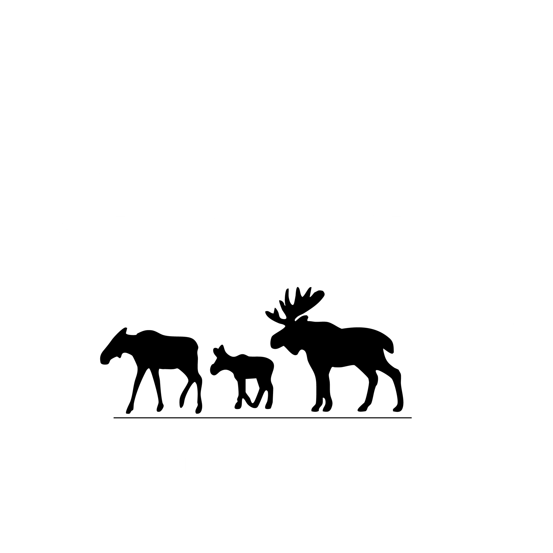 Silhouettes of three moose: adult, calf, and another adult, walking right.