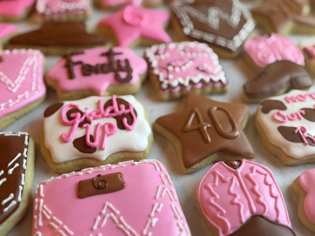 Cookies decorated with pink and brown frosting, including the words "Forty" and "Giddy Up". Base Camp Bakery Gunnison, Colorado https://share.google/AgqUzUKNzsb0ThlP5, https://www.facebook.com/BaseCampBakery1, https://www.instagram.com/basecampbakery_81230
