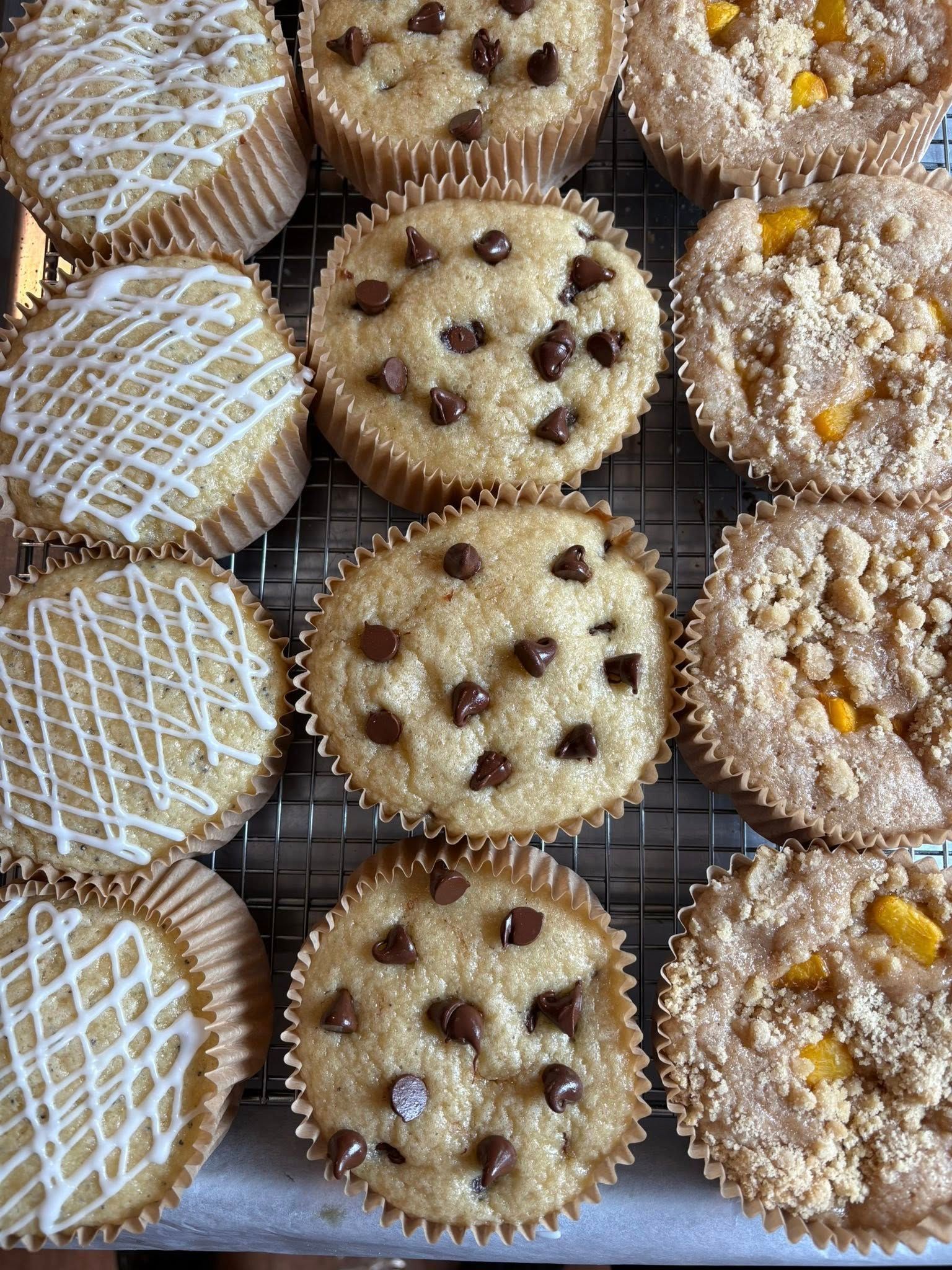 Top-down view of a dozen muffins: glazed, chocolate chip, and fruit-topped, arranged on a cooling rack. Base Camp Bakery Gunnison, Colorado https://share.google/AgqUzUKNzsb0ThlP5, https://www.facebook.com/BaseCampBakery1, https://www.instagram.com/basecampbakery_81230