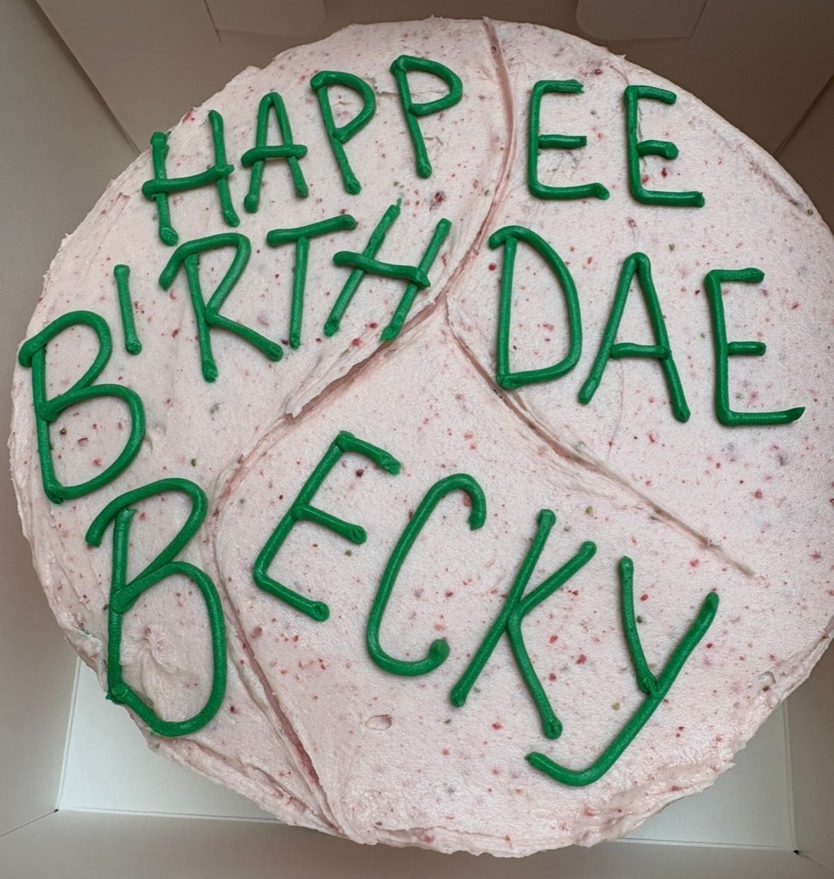 Pink frosted cake with green icing. Base Camp Bakery Gunnison, Colorado https://share.google/AgqUzUKNzsb0ThlP5, https://www.facebook.com/BaseCampBakery1, https://www.instagram.com/basecampbakery_81230
