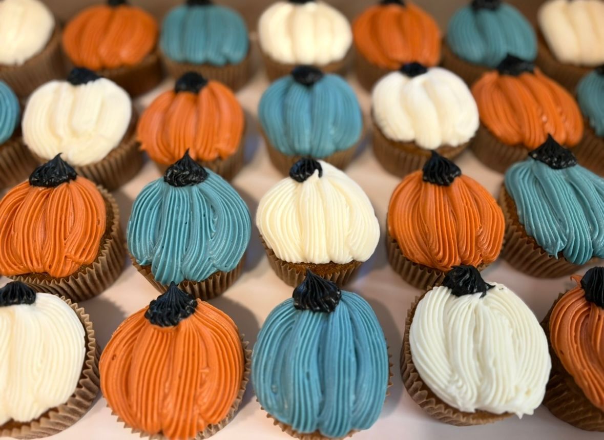 Cupcakes decorated as pumpkins with orange, white, and teal frosting, in a box. Base Camp Bakery Gunnison, Colorado https://share.google/AgqUzUKNzsb0ThlP5, https://www.facebook.com/BaseCampBakery1, https://www.instagram.com/basecampbakery_81230