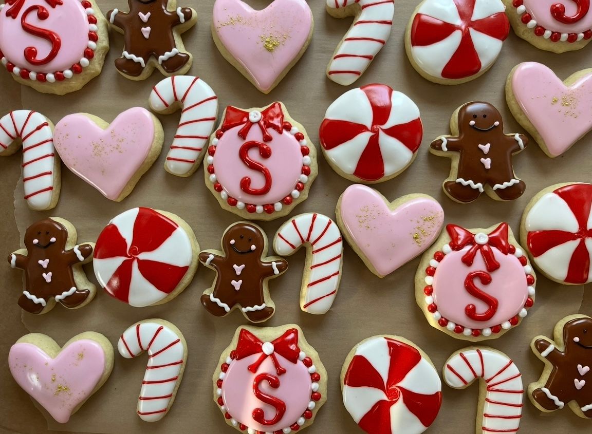 Christmas cookies: gingerbread men, candy canes, hearts, and peppermint rounds with pink and red frosting. Base Camp Bakery Gunnison, Colorado https://share.google/AgqUzUKNzsb0ThlP5, https://www.facebook.com/BaseCampBakery1, https://www.instagram.com/basecampbakery_81230