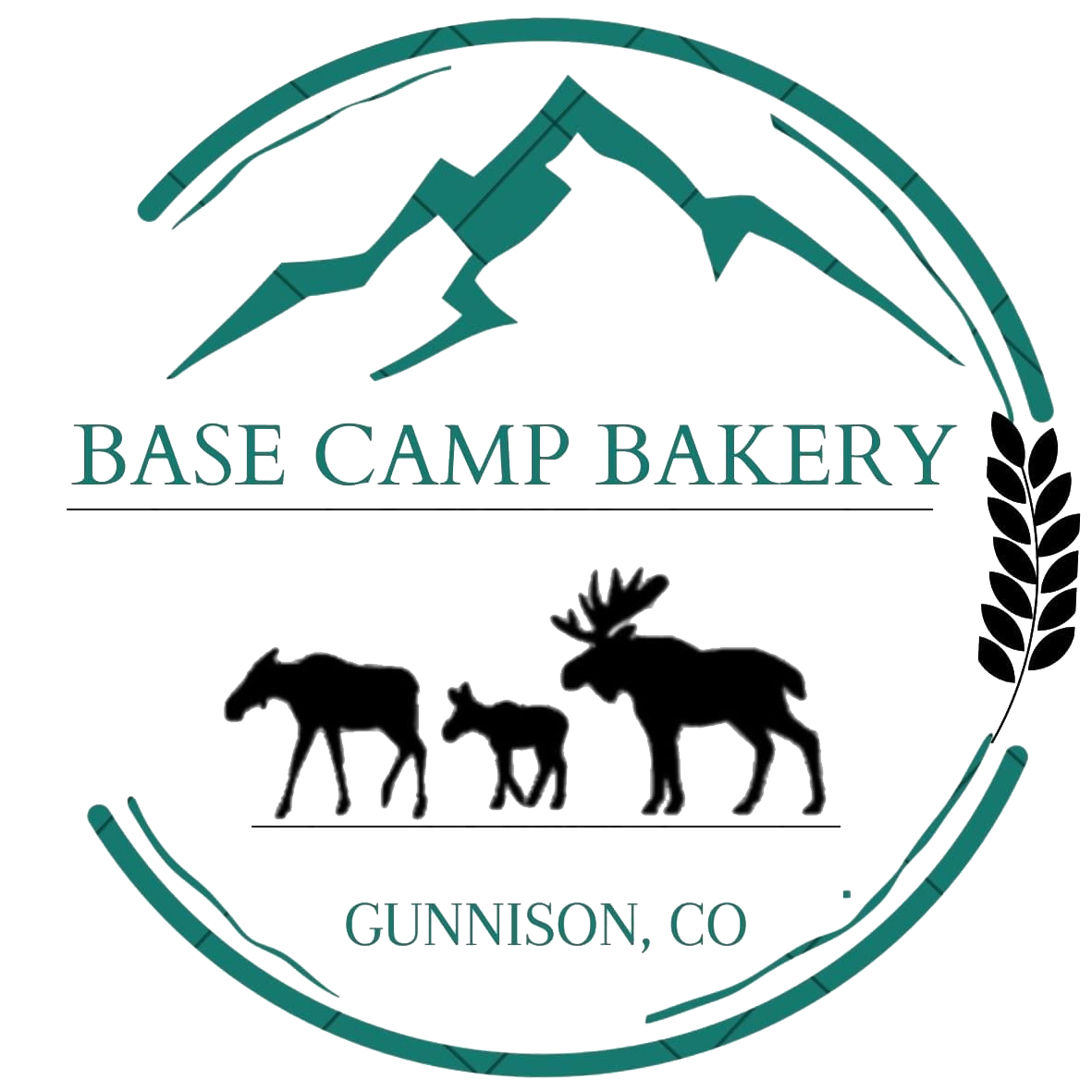Logo for Base Camp Bakery in Gunnison, CO: mountains, moose family, wheat, teal and black.
