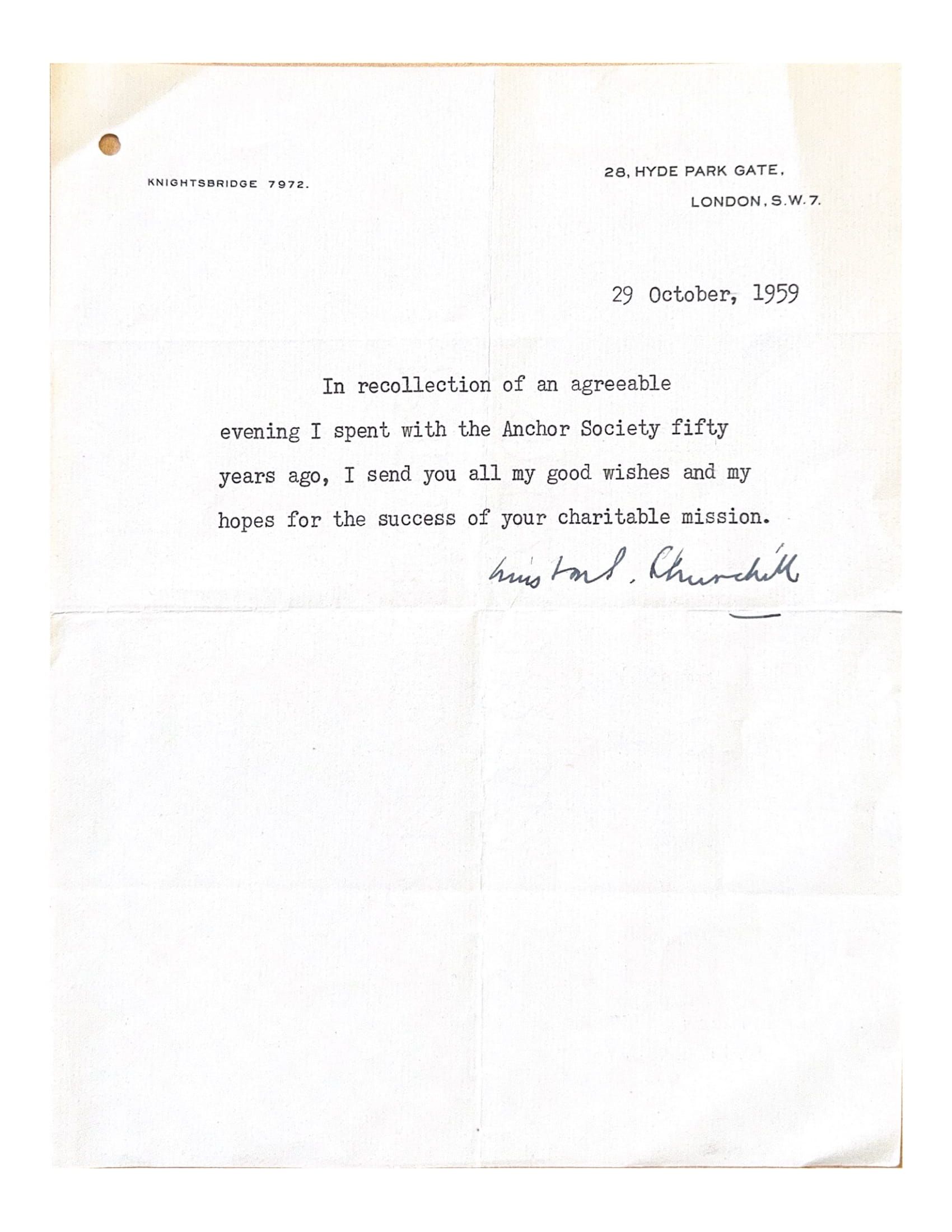 Letter from Winston Churchill to the Anchor Society