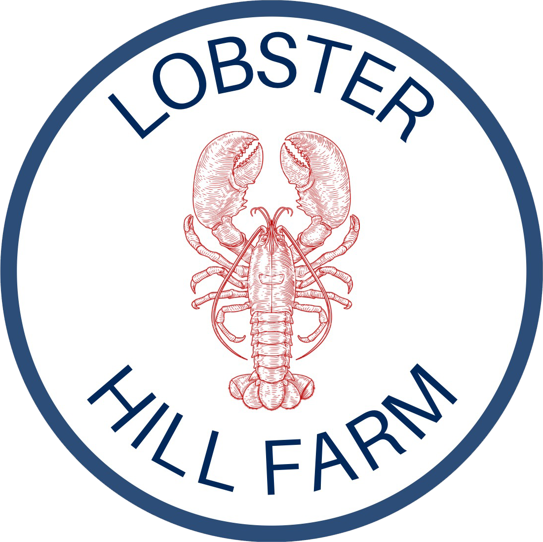 Lobster Hill Farm logo: red lobster illustration within a blue-bordered circle, with "LOBSTER" and "HILL FARM" in blue text.