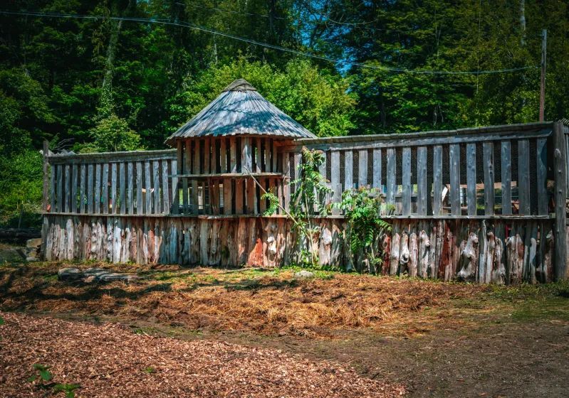 Wooden animal pen with a small, round structure and lush green trees in the background.