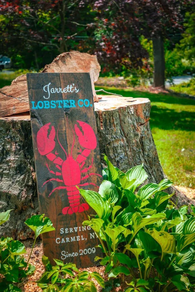 Wooden sign for Jarrett's Lobster Co. with a red lobster illustration, set in front of a tree stump with green plants.