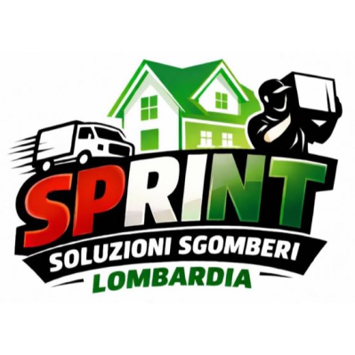 Logo per Sprint Soluzioni Sgomberi Lombardia: camion, casa, figura con scatola, testo rosso e verde.