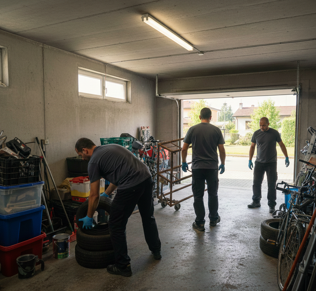 Tre persone in un garage, una maneggia pneumatici, le altre vicino a un carrello di metallo, con la porta del garage aperta.