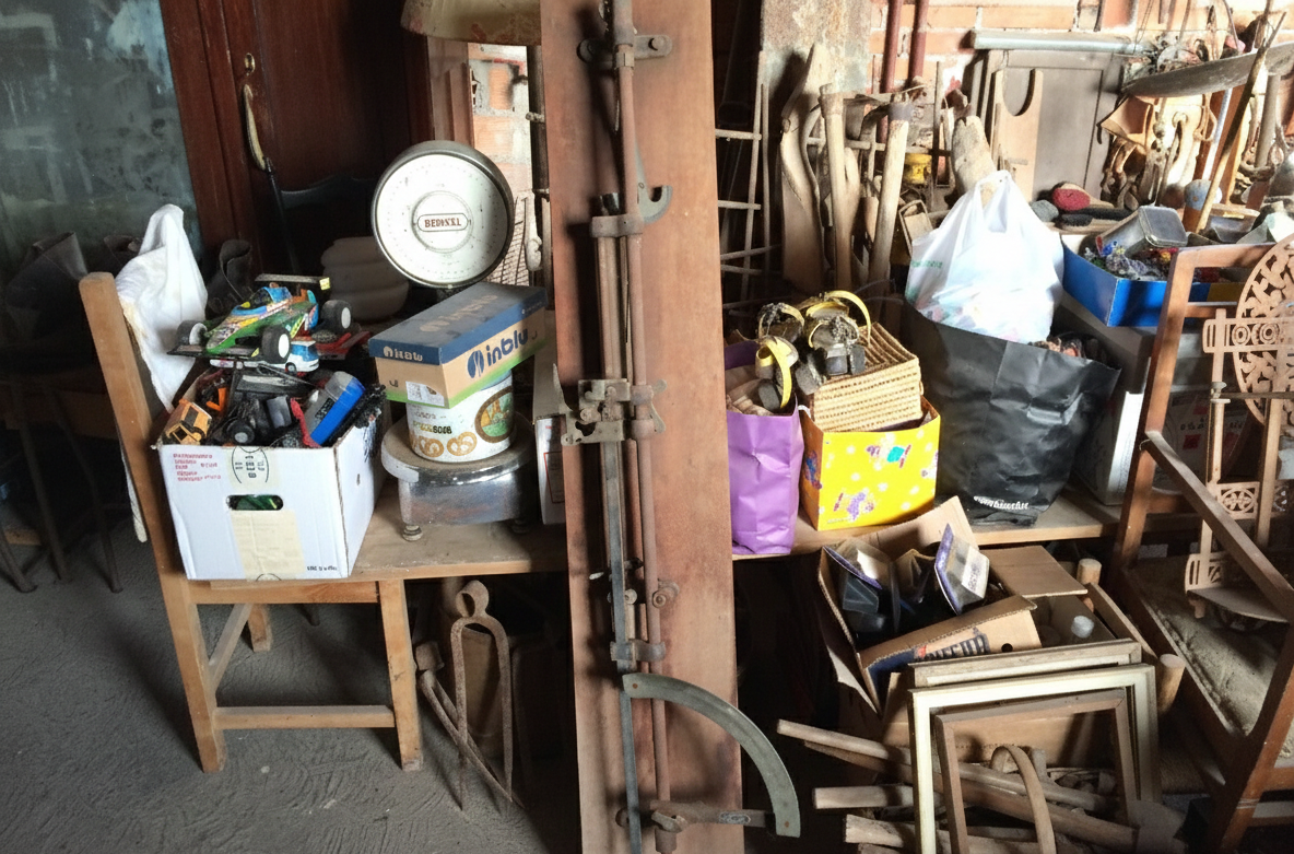 Interno di un laboratorio disordinato con vecchi attrezzi, scatole, bilance e un banco di legno.
