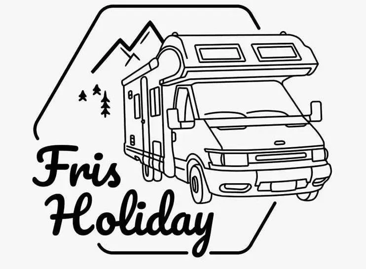 Un disegno in bianco e nero di un camper con le montagne sullo sfondo.