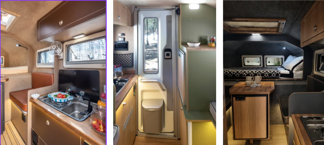 Un collage di tre foto dell'interno di un camper.