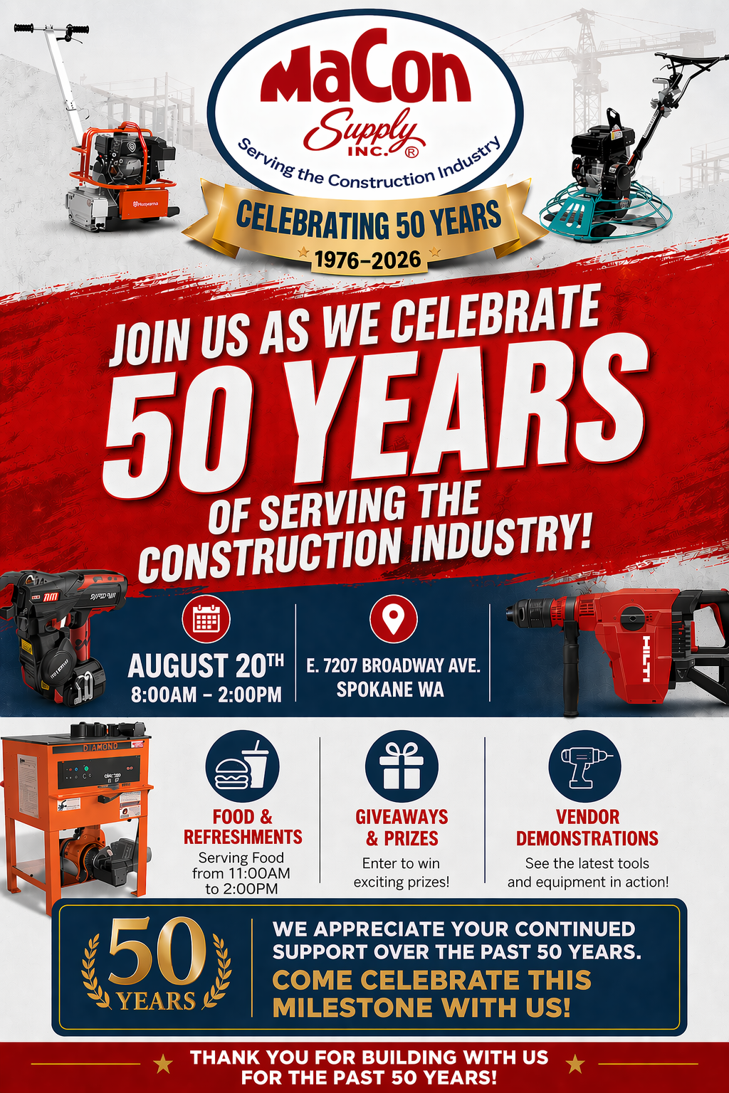 Customer Appreciation Day at MaCon, August 20th, 11 AM-2 PM, 7207 E. Broadway, with BBQ and giveaways, featuring vendor logos.