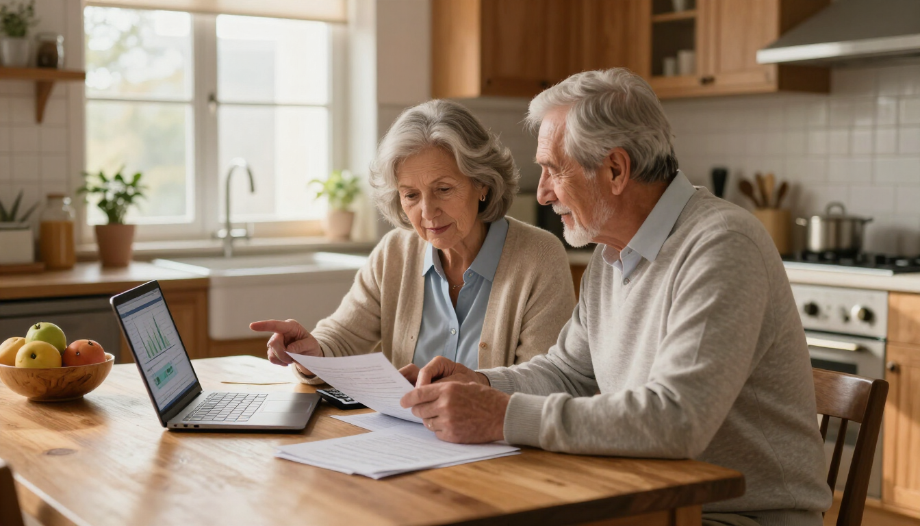 Two people reviewing paperwork at a kitchen table with a laptop and pen