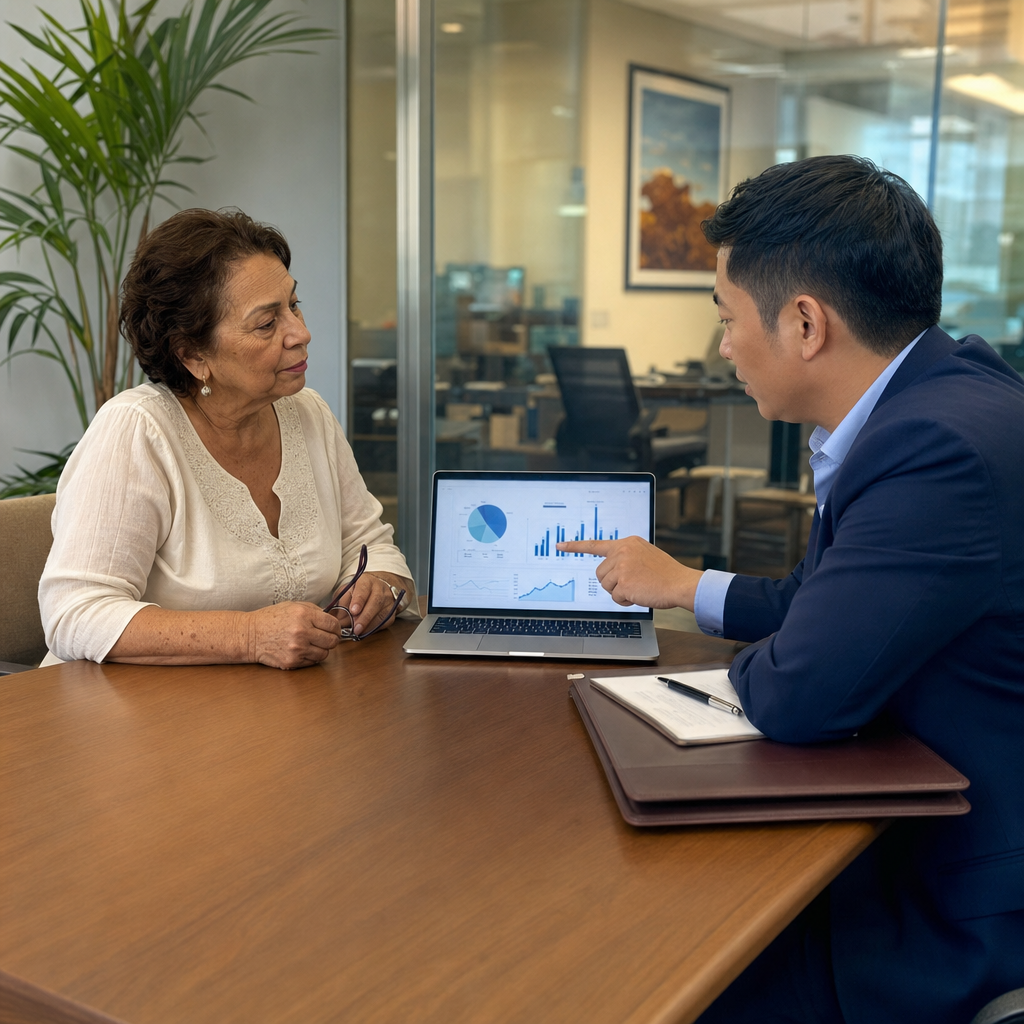 Two people in an office discuss a laptop showing charts across a conference table.