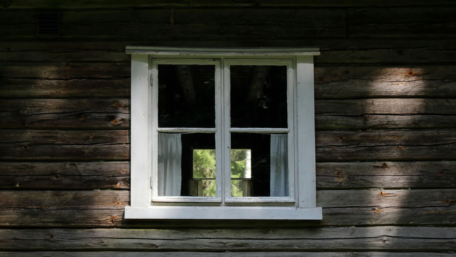 White-trimmed window on weathered wooden wall, with bright greenery visible inside