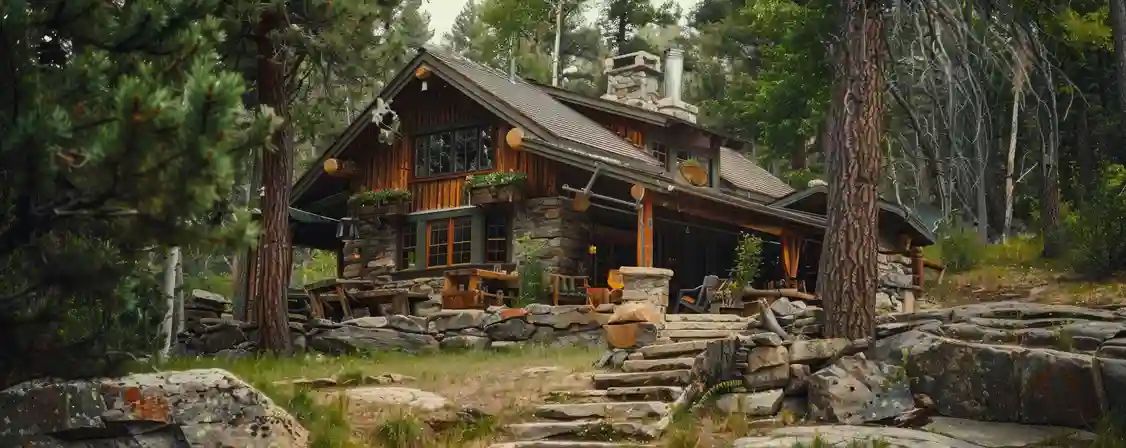 A large log cabin is surrounded by trees and bushes