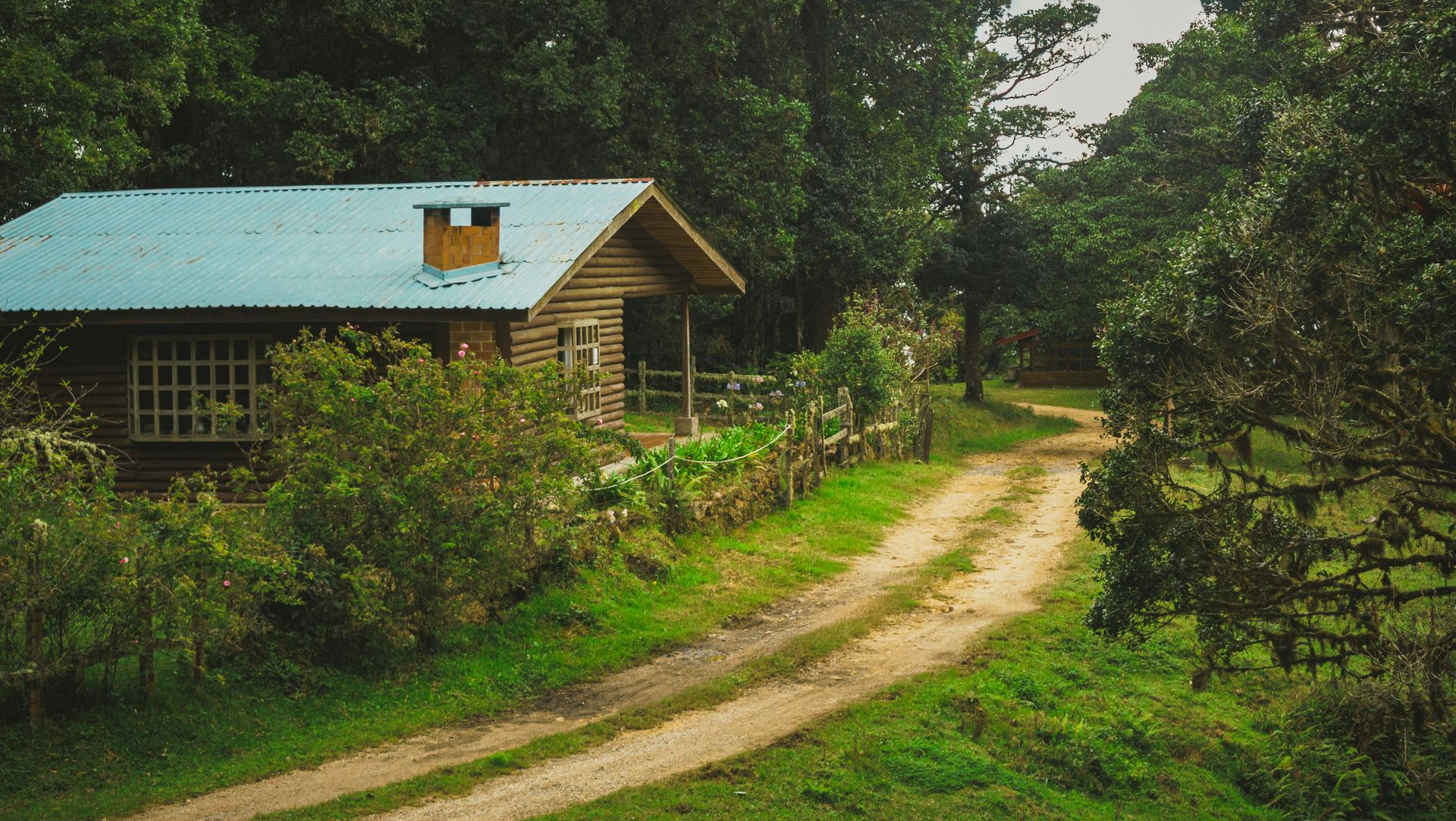 Small house with blue roof beside a dirt path, surrounded by lush green trees and bushes