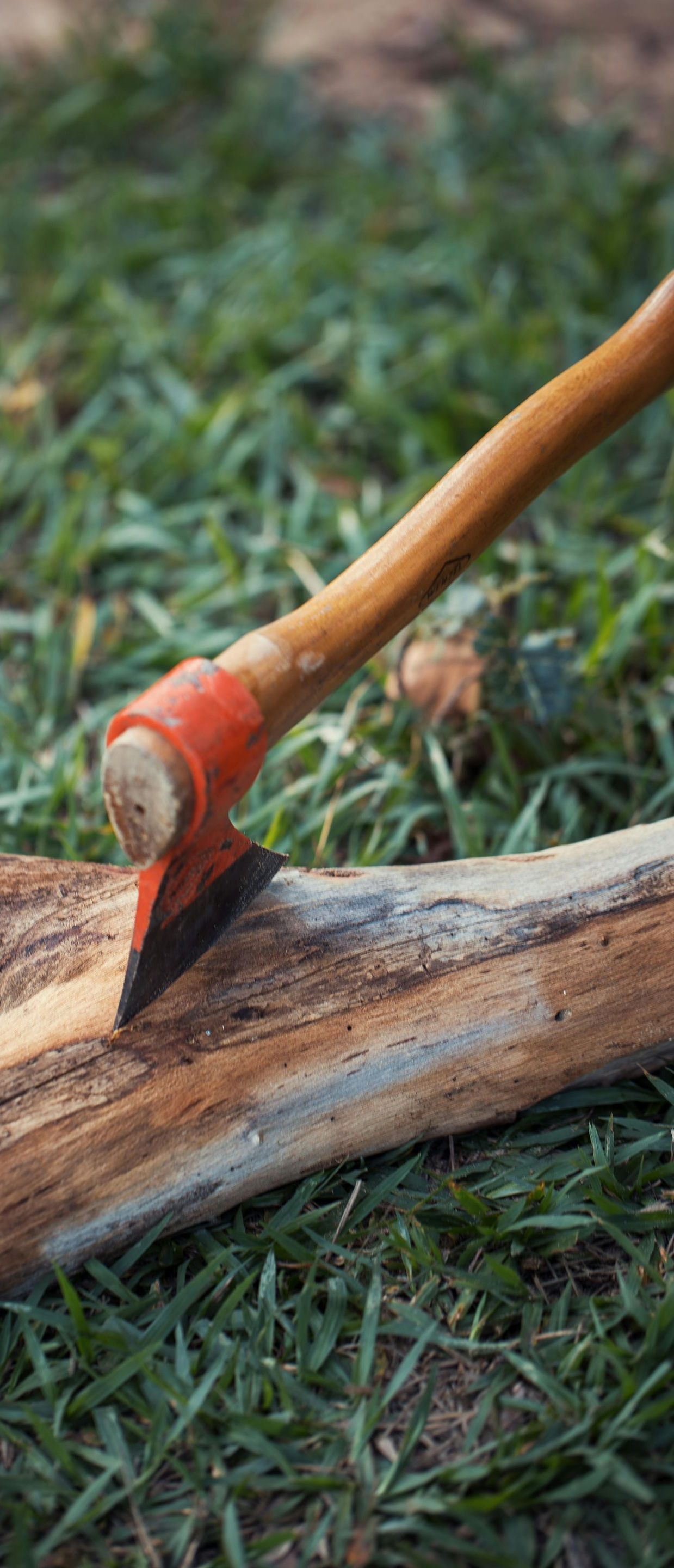 Axe splitting a log on grass, with wood chips flying.
