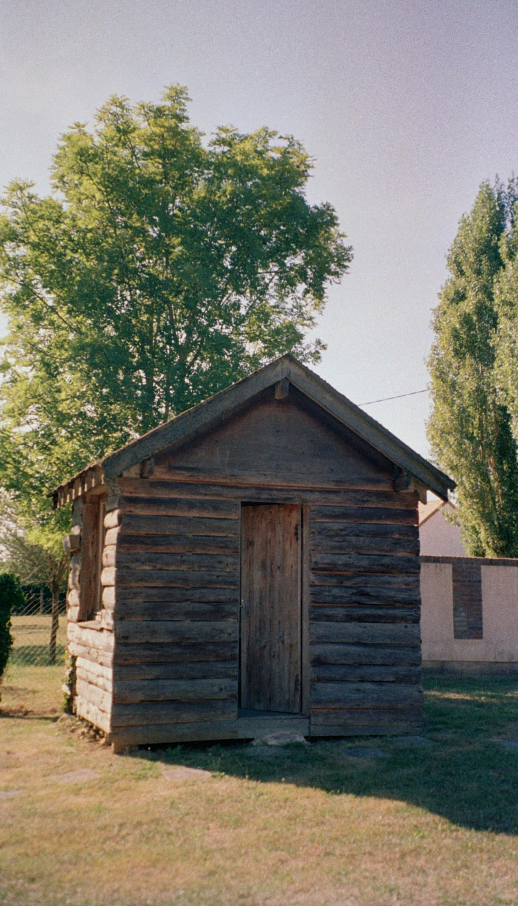 Small weathered wooden shed in a sunny yard with trees and a brick wall behind it.