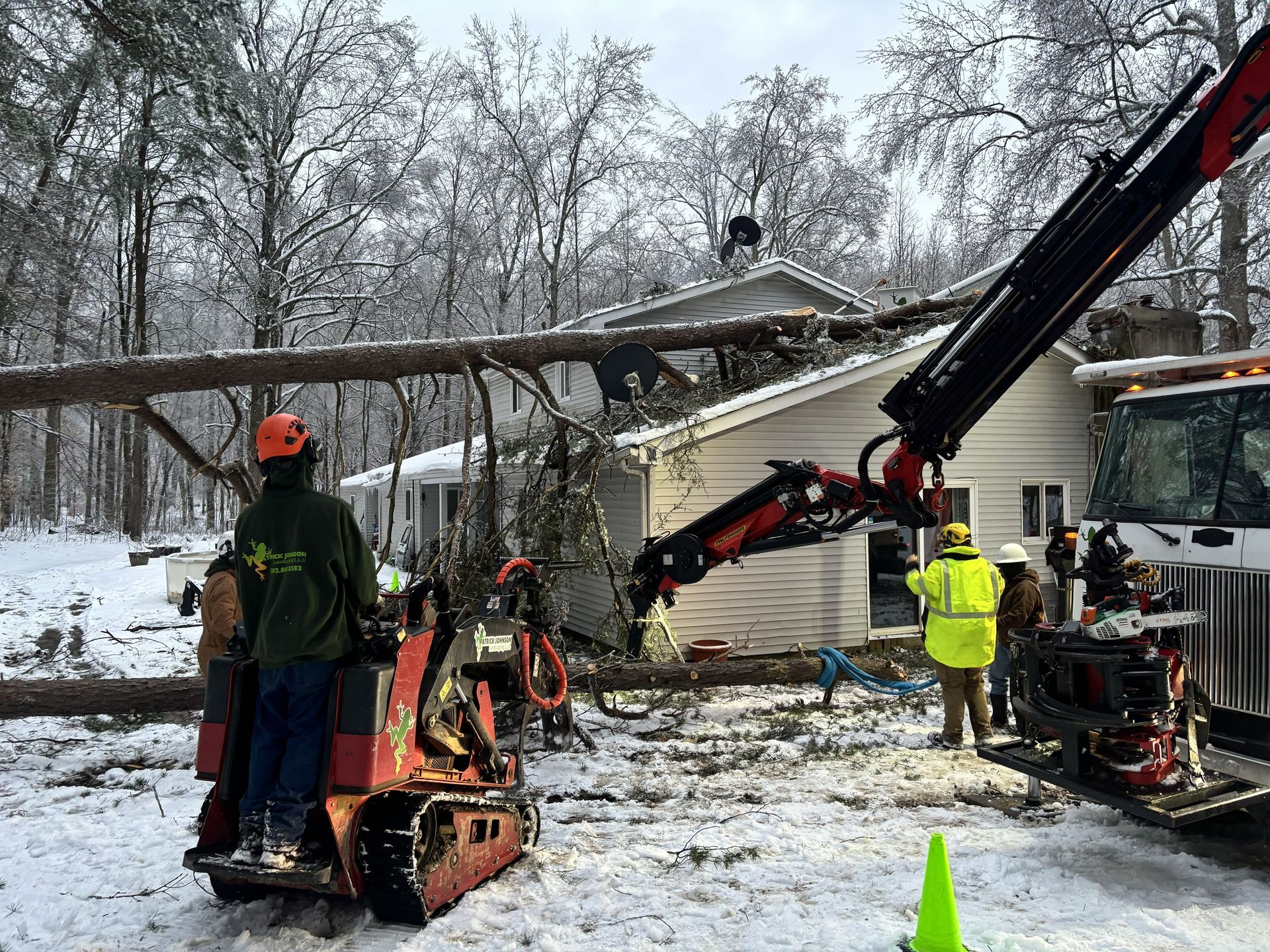 A tree service worker wearing blue coveralls and a yellow helmet trims a tree with a chainsaw.