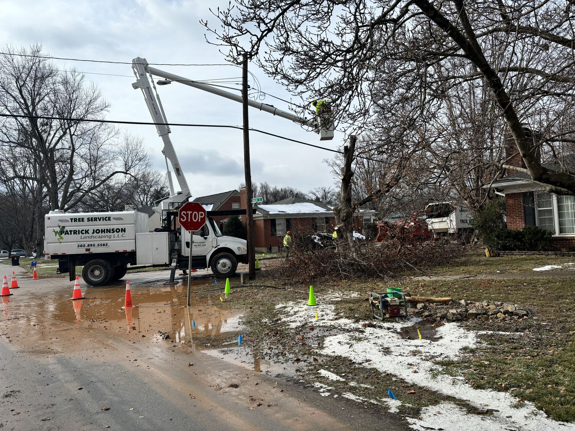 Arborist in orange safety gear using a lift bucket to trim a damaged tree branch near a house.