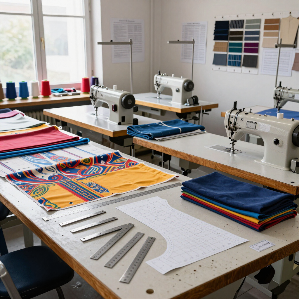 Taller de sastrería con máquinas de coser, muestras de tela, reglas y telas de colores extendidas sobre mesas de corte.