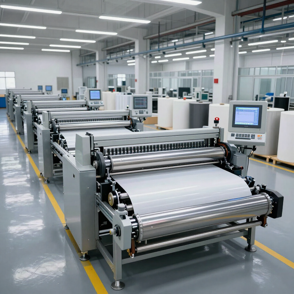 Línea de producción industrial con grandes máquinas laminadoras de metal y material blanco en una luminosa nave de producción.