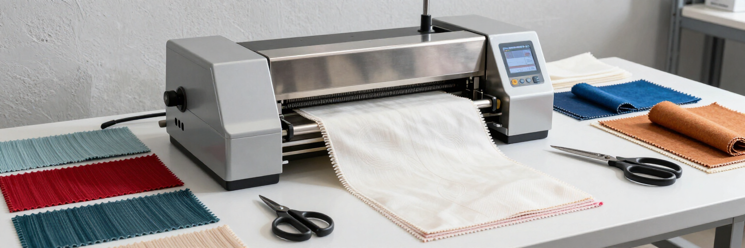 Máquina de corte de sobremesa con tela enrollada y tijeras sobre una mesa de trabajo en un taller de manualidades.