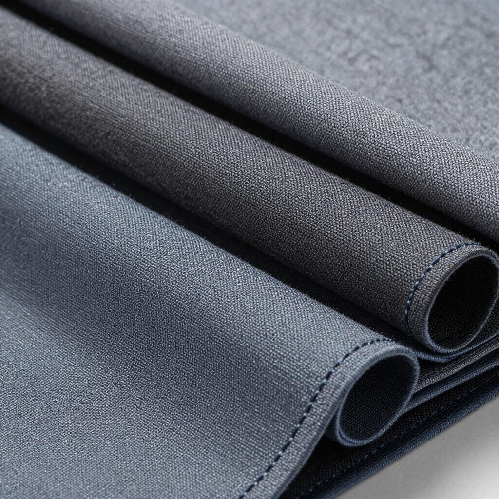 Rollos de tela vaquera gris doblados con tejido texturizado visible.