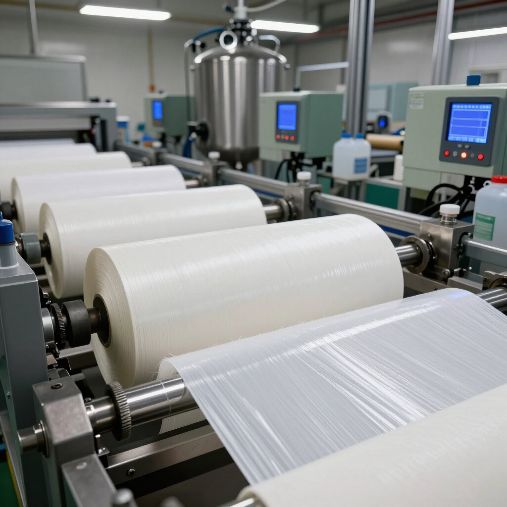 Máquina industrial que produce grandes rollos de película plástica transparente en una fábrica.