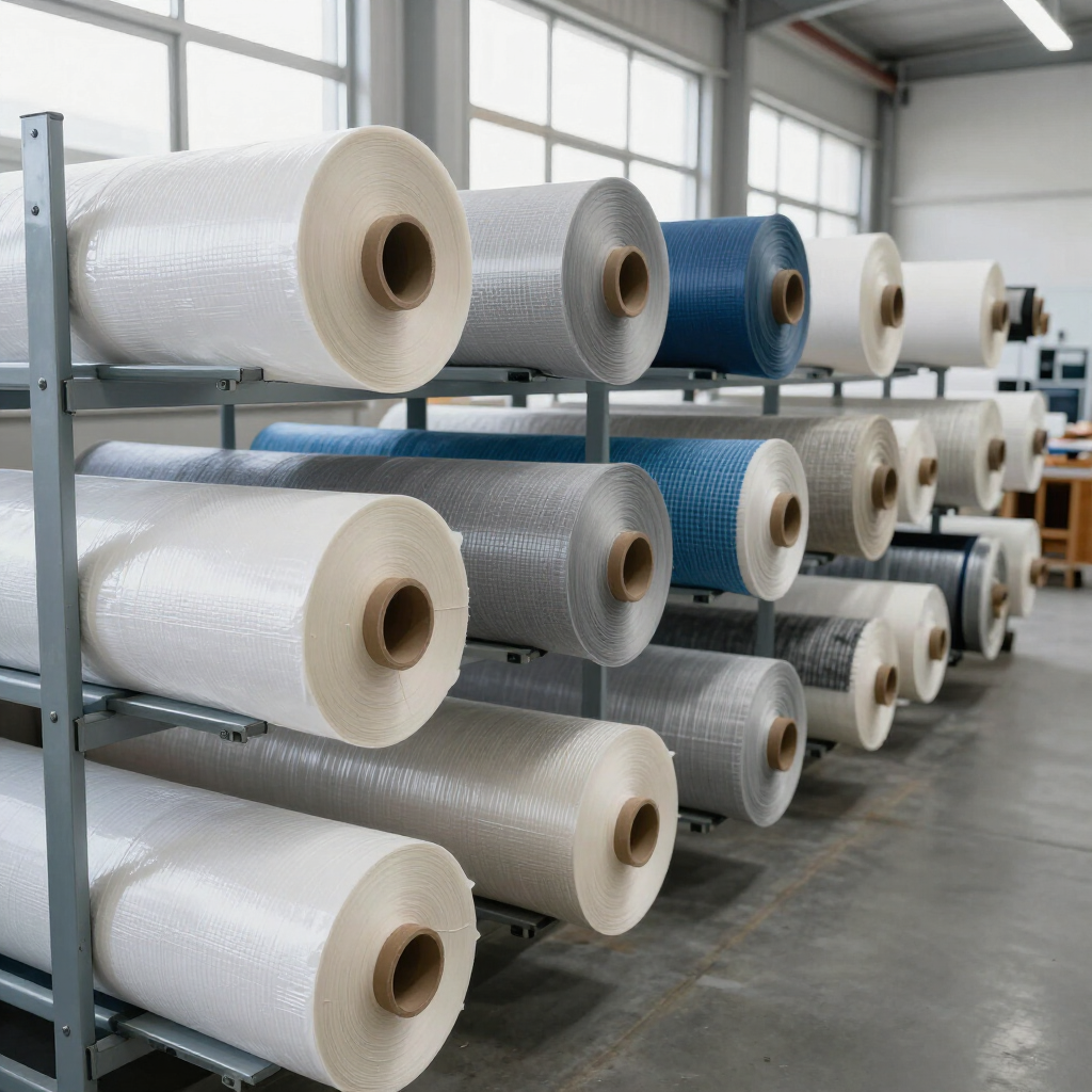 Estanterías con grandes rollos de tela blanca y azul almacenadas en un almacén industrial.