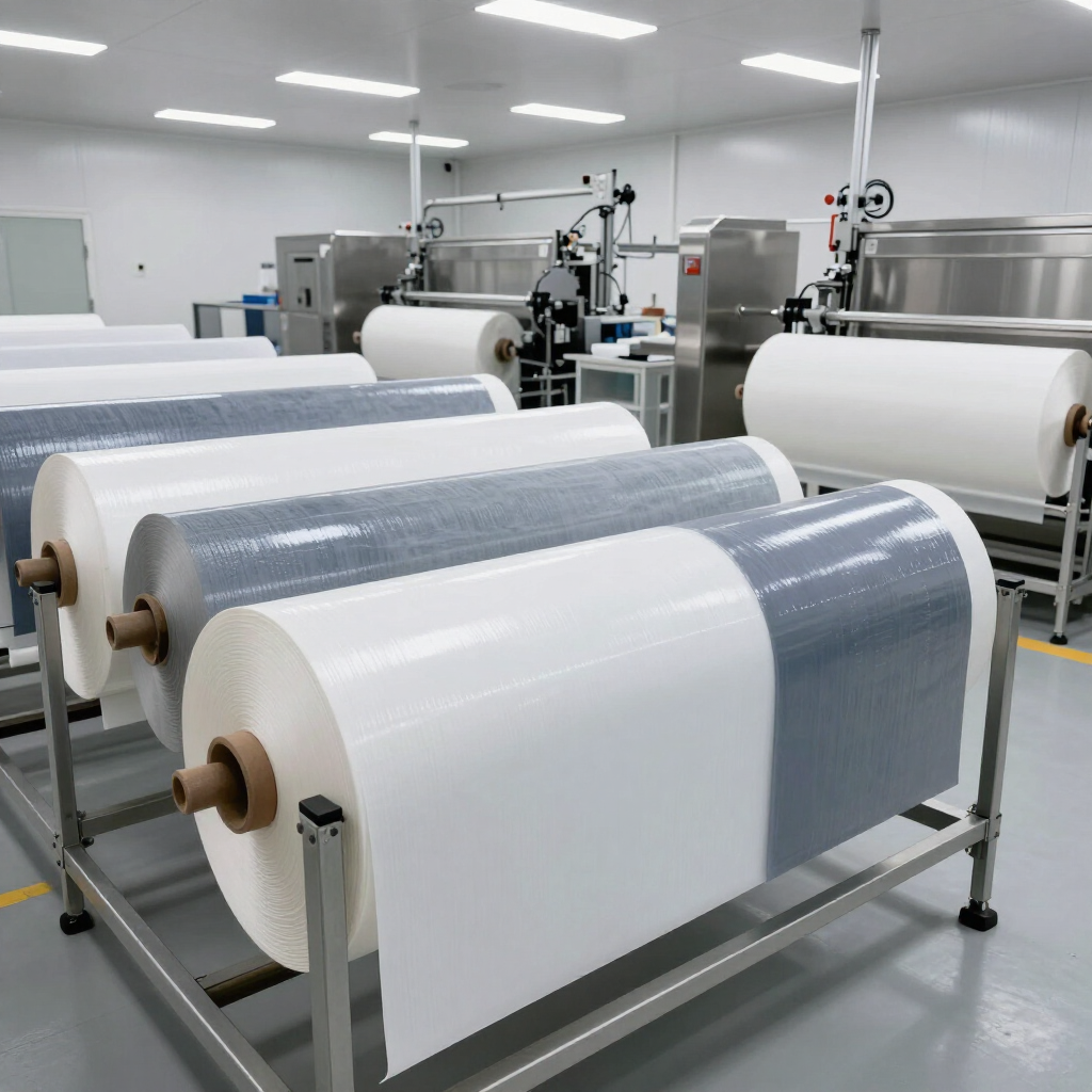 Bobinas de película blanca y translúcida en una instalación de fabricación limpia.