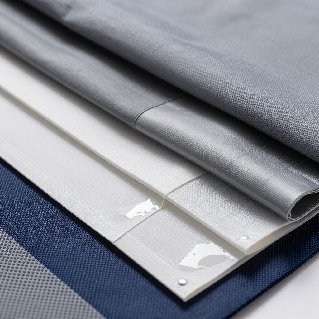 Muestras de tela plegadas apiladas en gris, blanco y azul marino con textura visible y pestañas de borde brillantes.