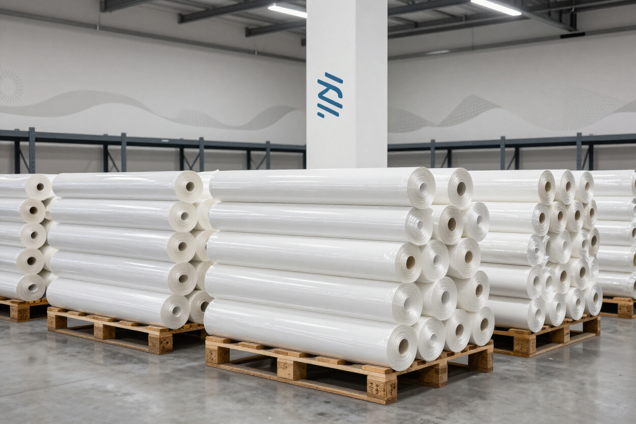 Pilas de materiales blancos enrollados sobre paletas de madera en un almacén.