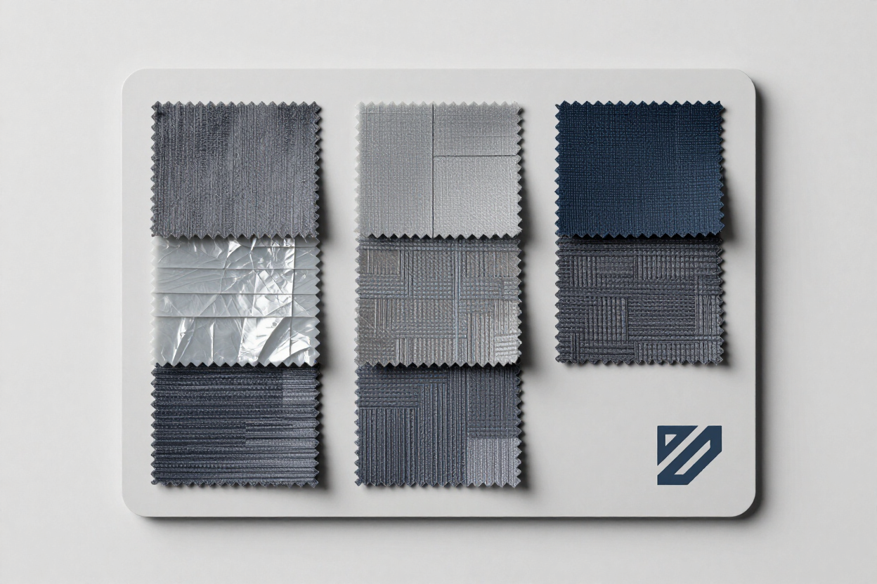 Muestras de tela sobre un panel blanco, dispuestas en tres columnas de telas grises, azules y azul marino.