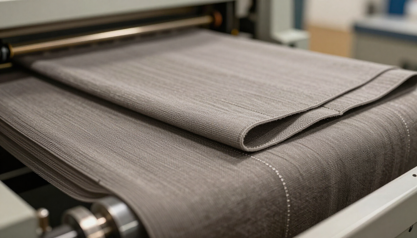 Tela gris doblada que se desplaza a través de una máquina textil en una línea de producción.