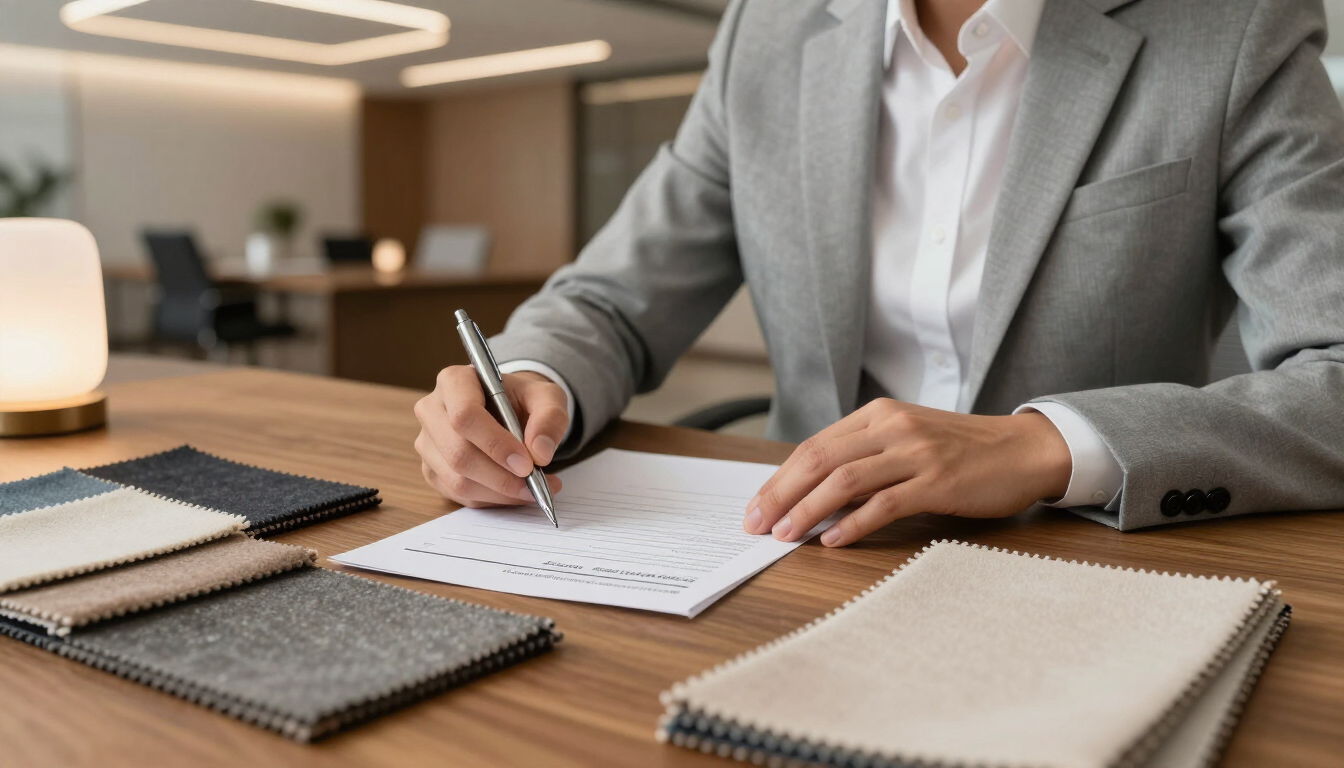 Persona escribiendo en un cuaderno en un escritorio con cuadernos de espiral en una oficina con iluminación tenue.