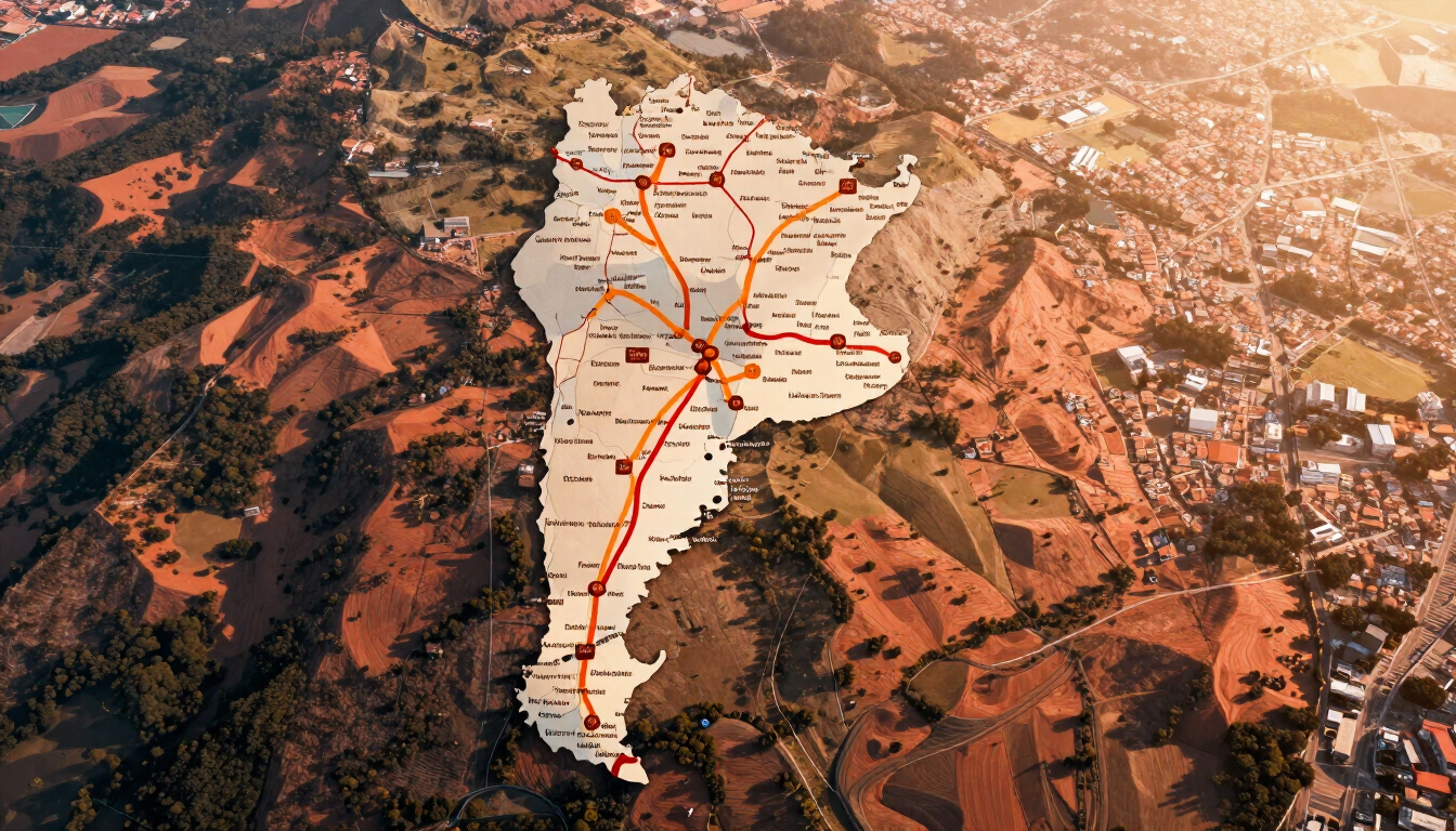 Superposición de un mapa aéreo que muestra una ruta sinuosa a través de una zona rural montañosa, con líneas rojas sobre un fondo claro.