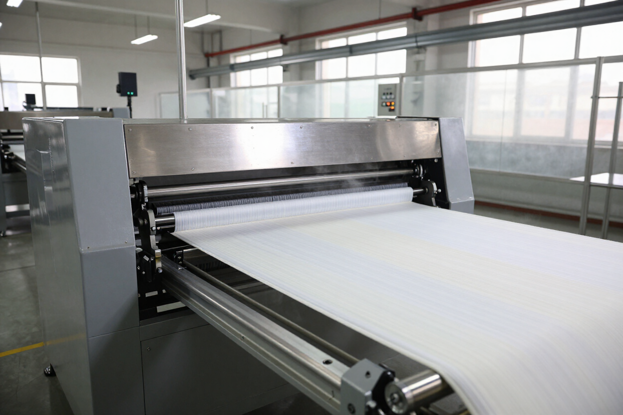 Máquina industrial de bondeado textil uniendo capas de tela