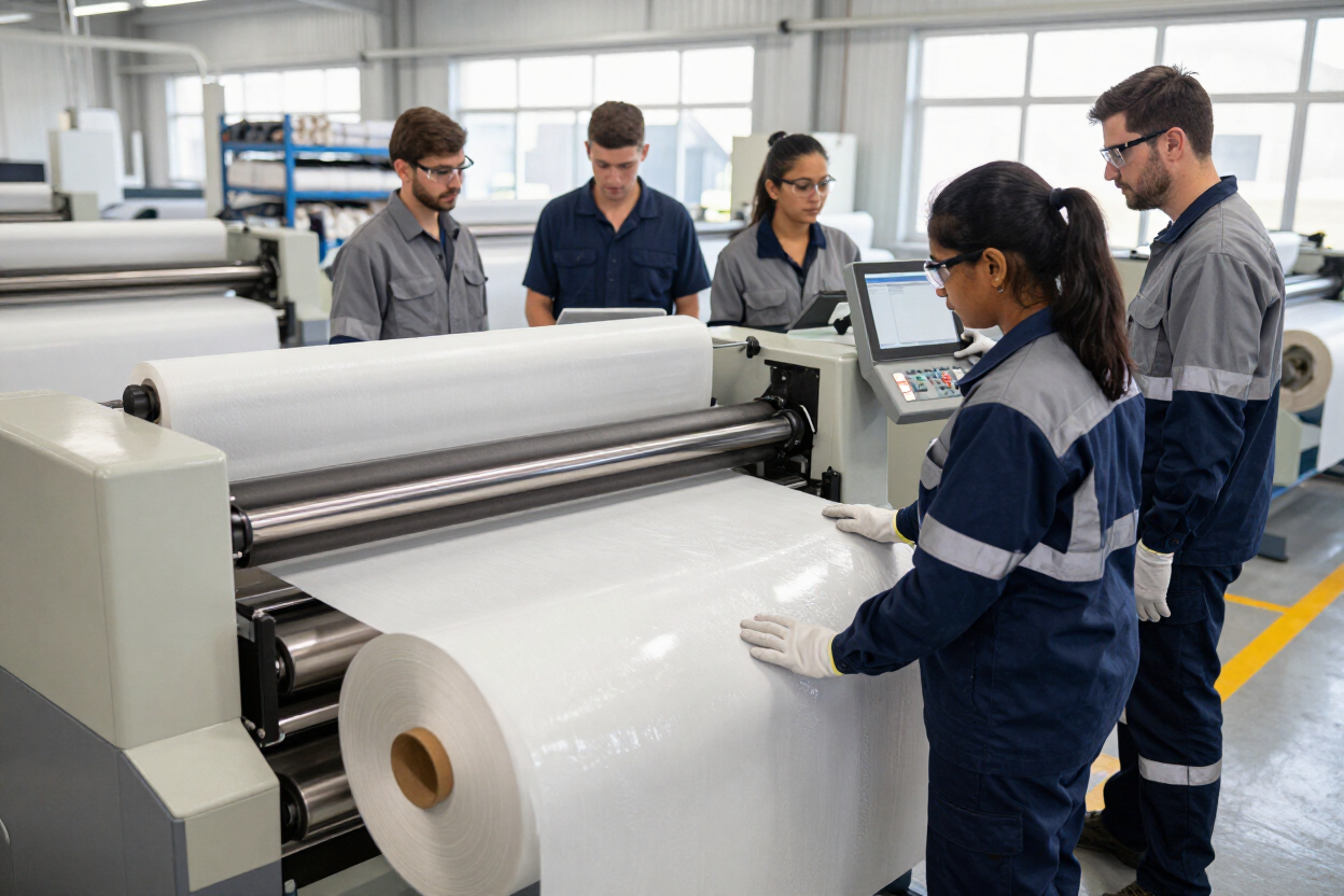 Línea de producción de laminado textil en fábrica