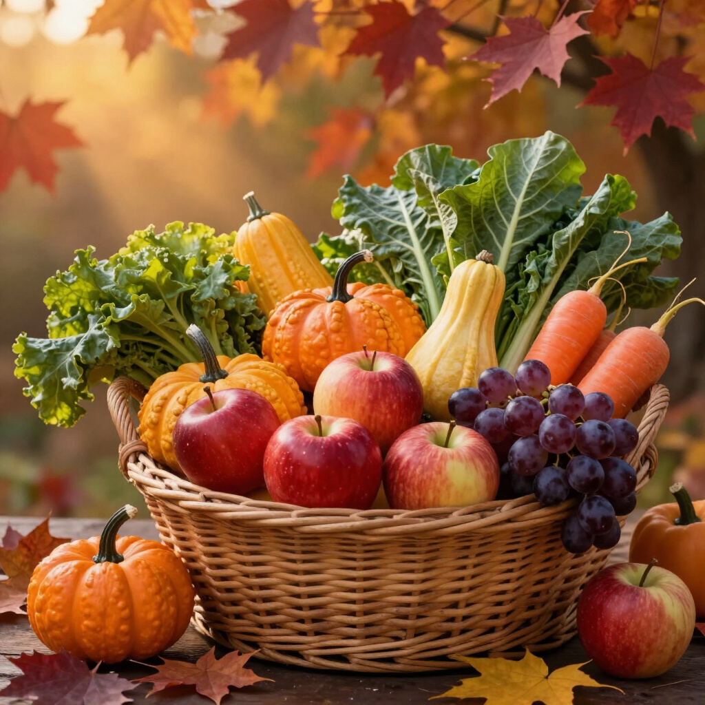 Autumn harvest basket with pumpkins, apples, grapes, carrots, and leafy greens on a fall background