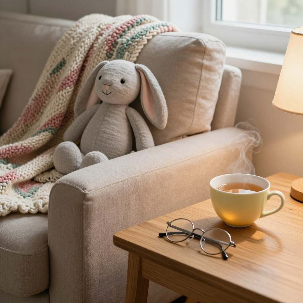 Cozy armchair with stuffed bunny, knit blanket, and tea on a side table by a sunny window.